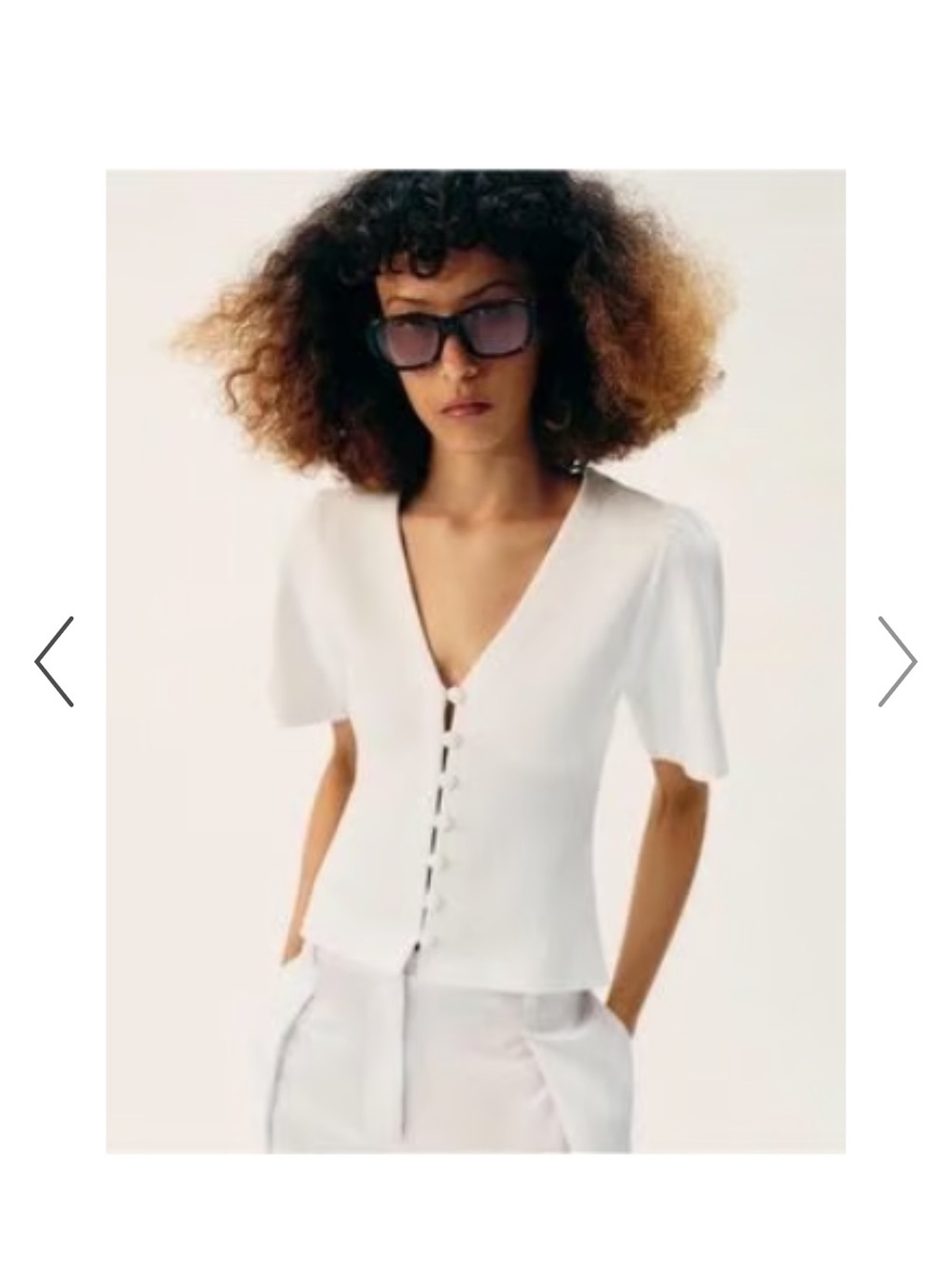 Zara White Button-Front V-Neck Short-Sleeve Top